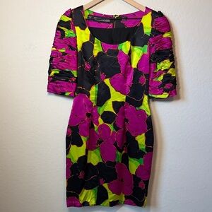 Della Roufogali 100% Silk Floral Ruched Sleeve Midi Dress Size 8
